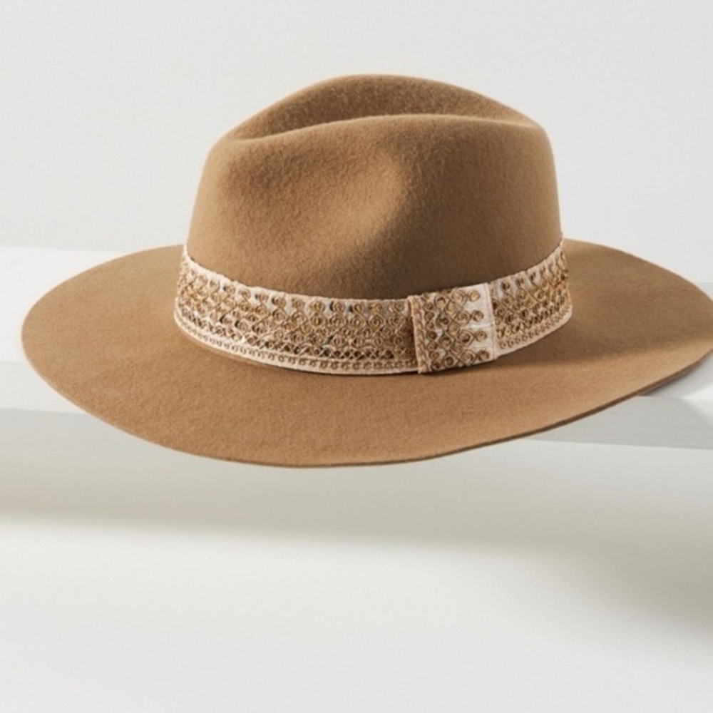 Anthropologie Maradji Tan Taupe Wool Hat with Embellished Band